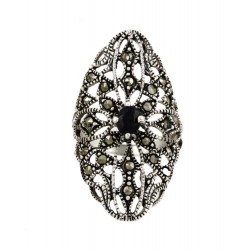 Marcasite Floral Women's Ring With Genuine Black Sapphire
